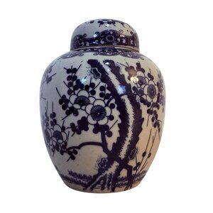 Japanese Ceramic Ginger Jar Pottery Lid VTG Blue Floral Cherry Blossom Storage